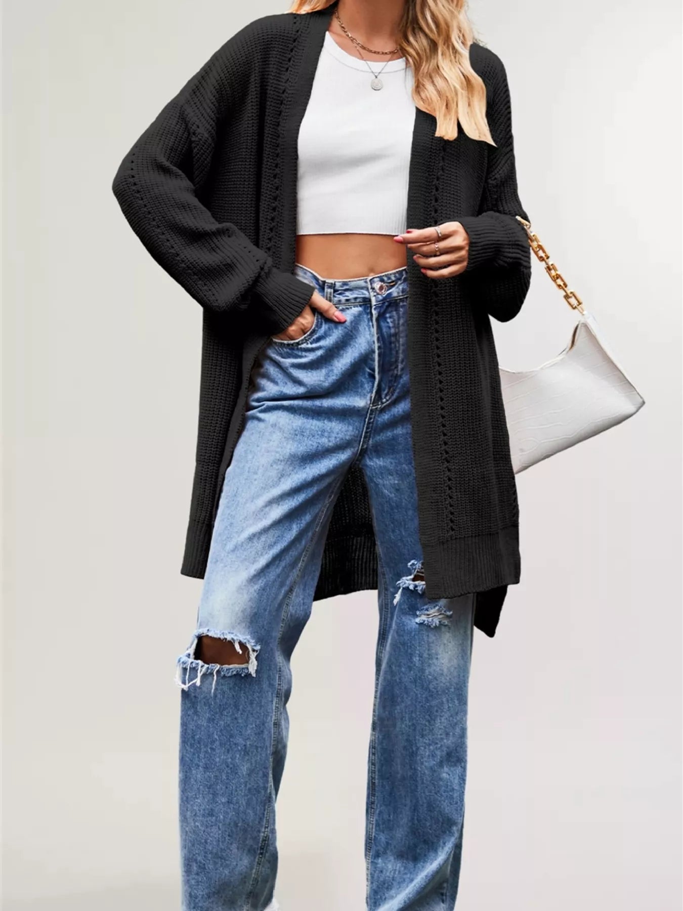 Trendsi Open Front Openwork Knit Longline Cardigan -