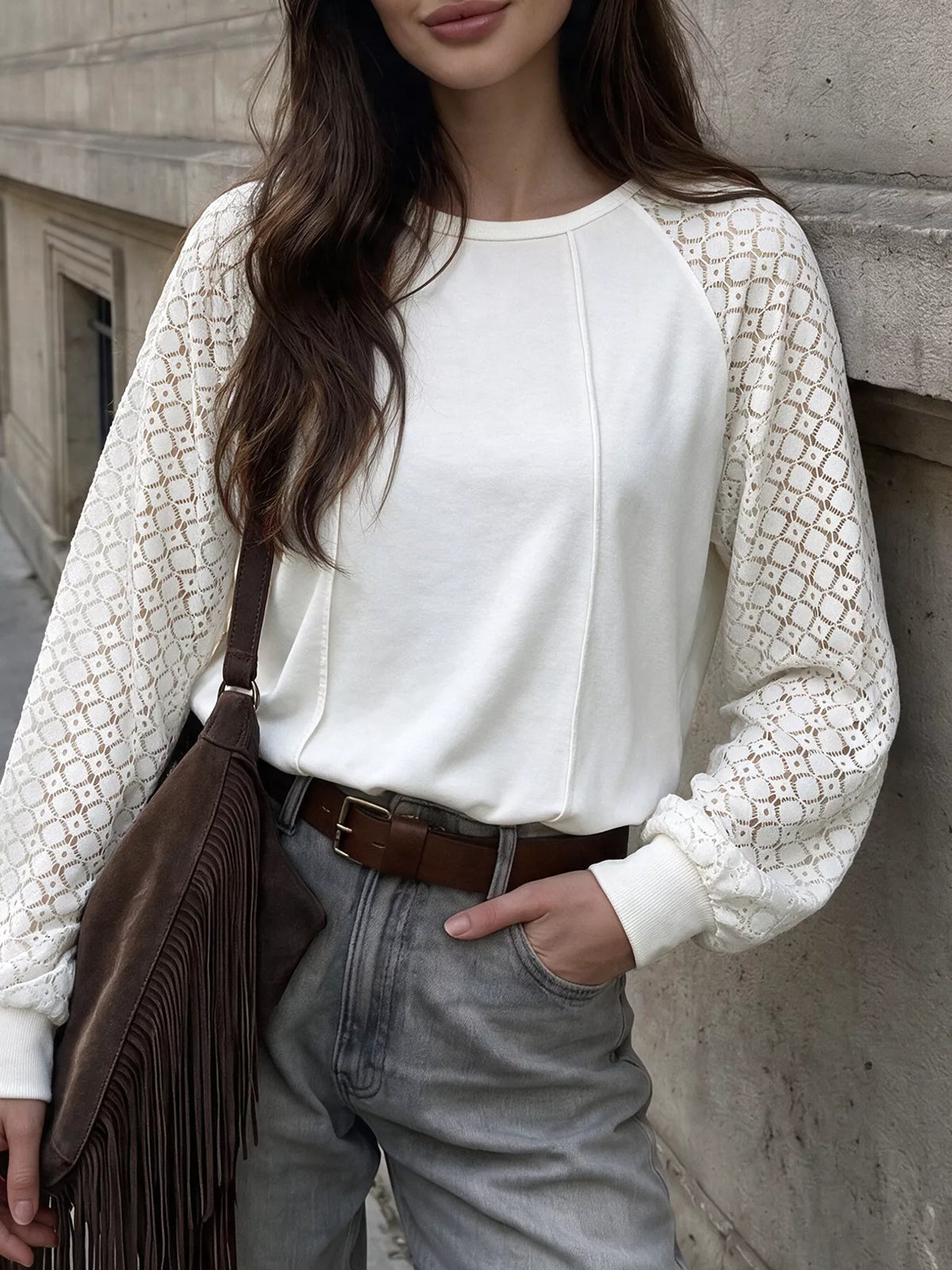 White lace raglan sleeve sweatshirt, front detail