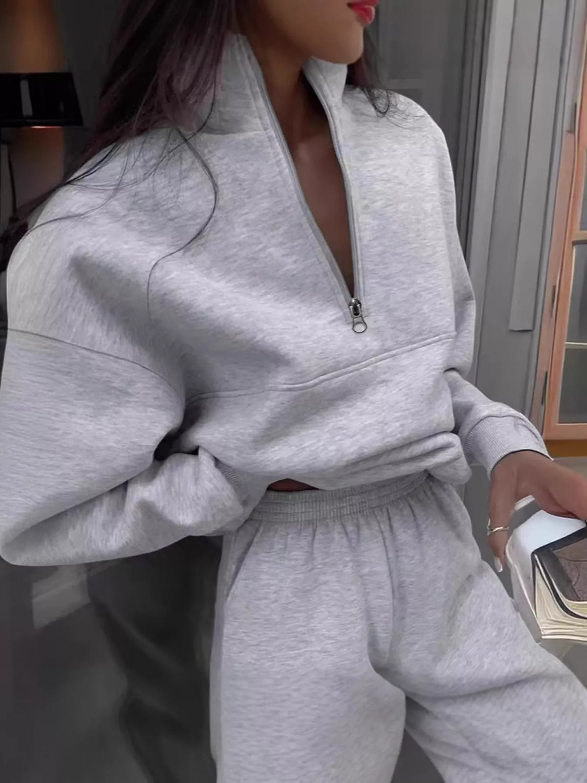 Half-zip top and pants set, gray waist detail