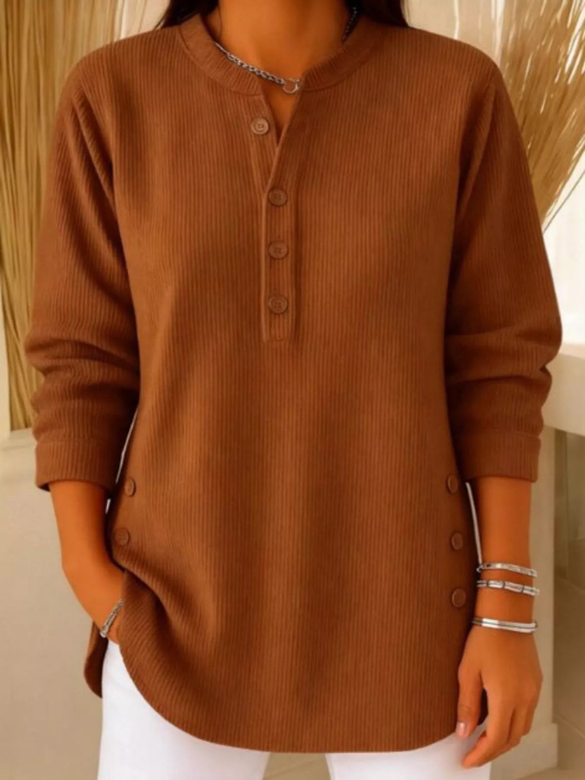 Chestnut brown button detail long sleeve top, front view