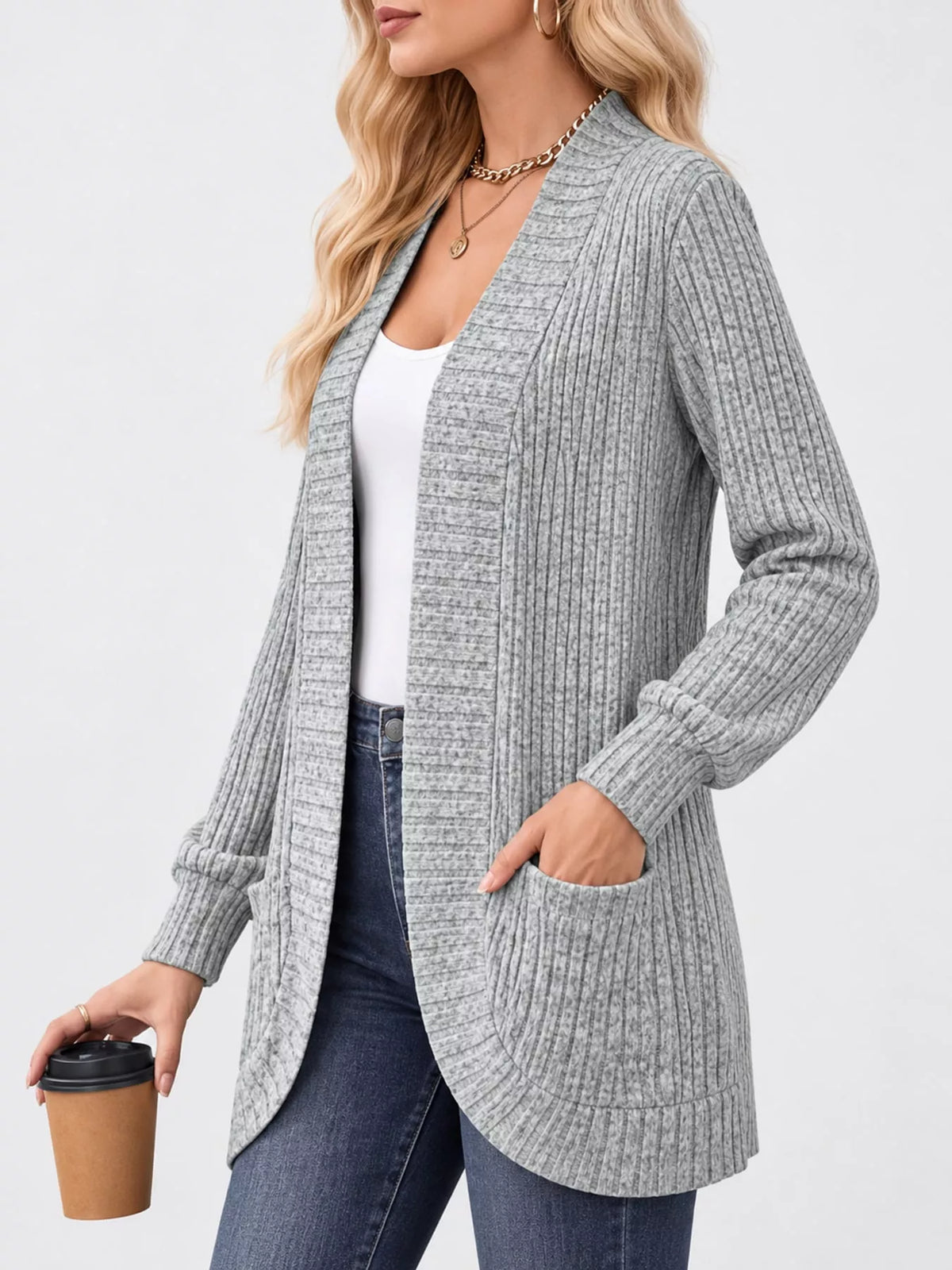 Gray ribbed open-front longline cardigan