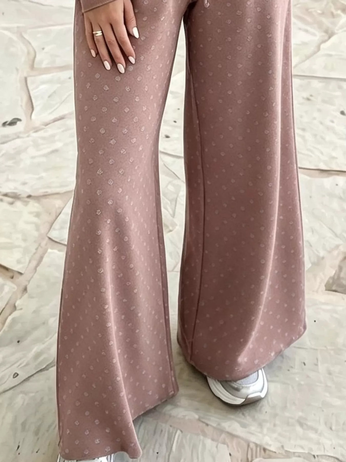 Pink swiss dot crop top and wide-leg pants set — design and construction details