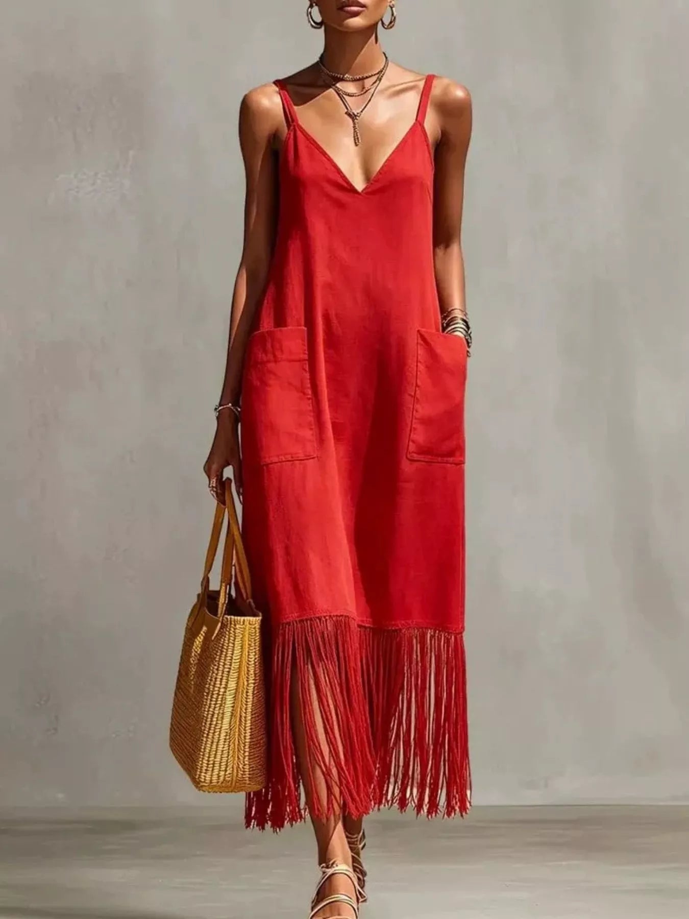 Trendsi Full Size Fringe V-Neck Spaghetti Strap Dress Plus Size -
