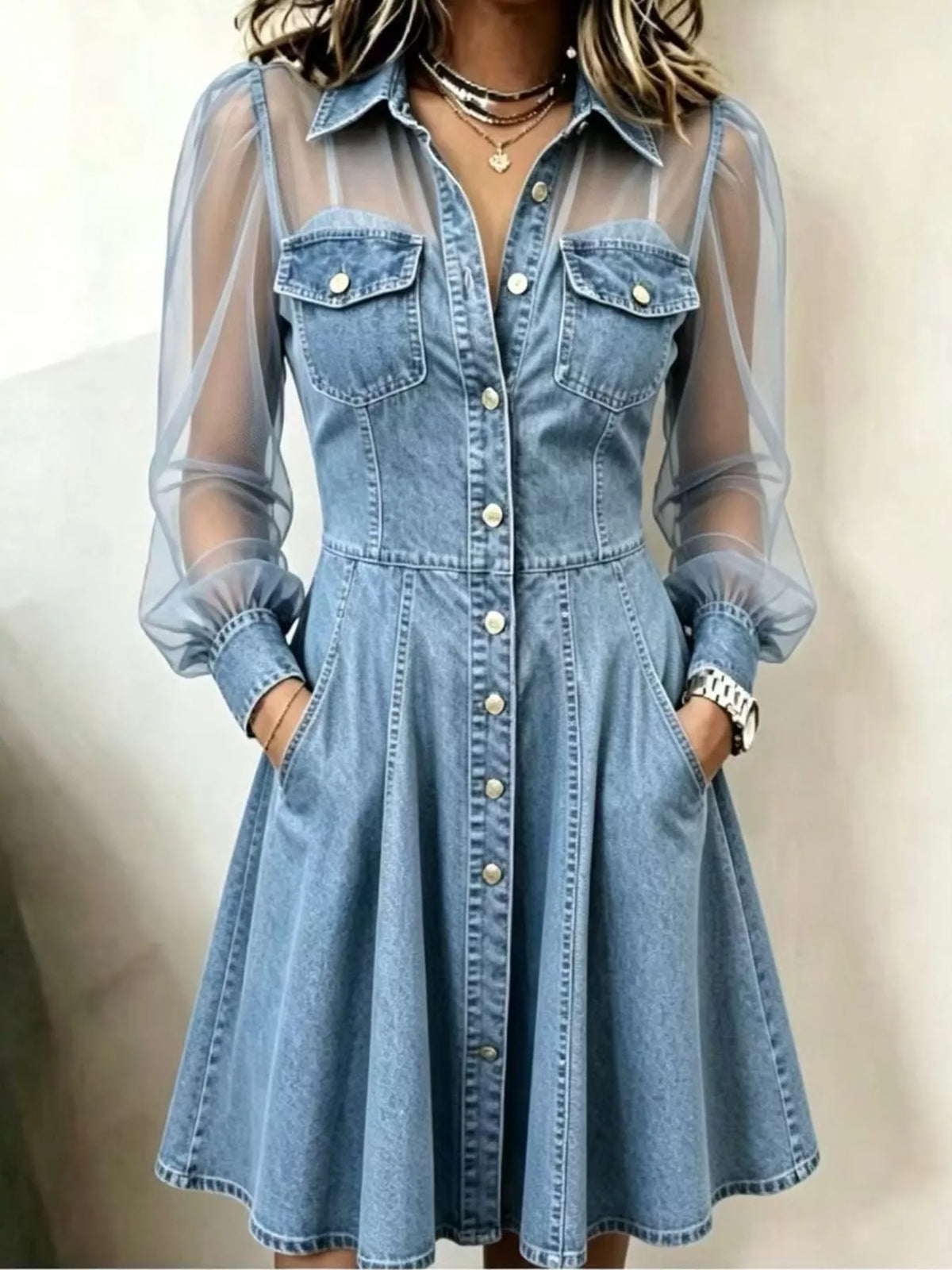 Light blue sheer mesh long sleeves shirt dress — front view
