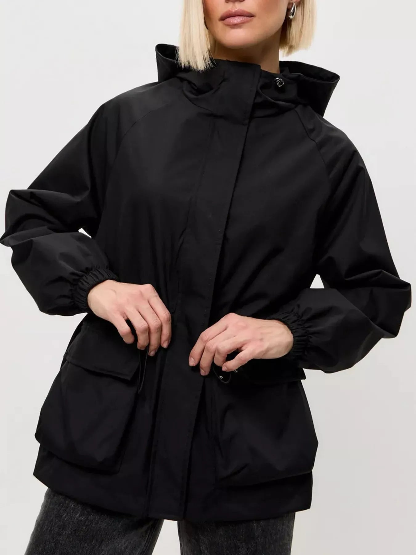 Trendsi Drawstring Waist Hooded Windbreaker Outerwear -