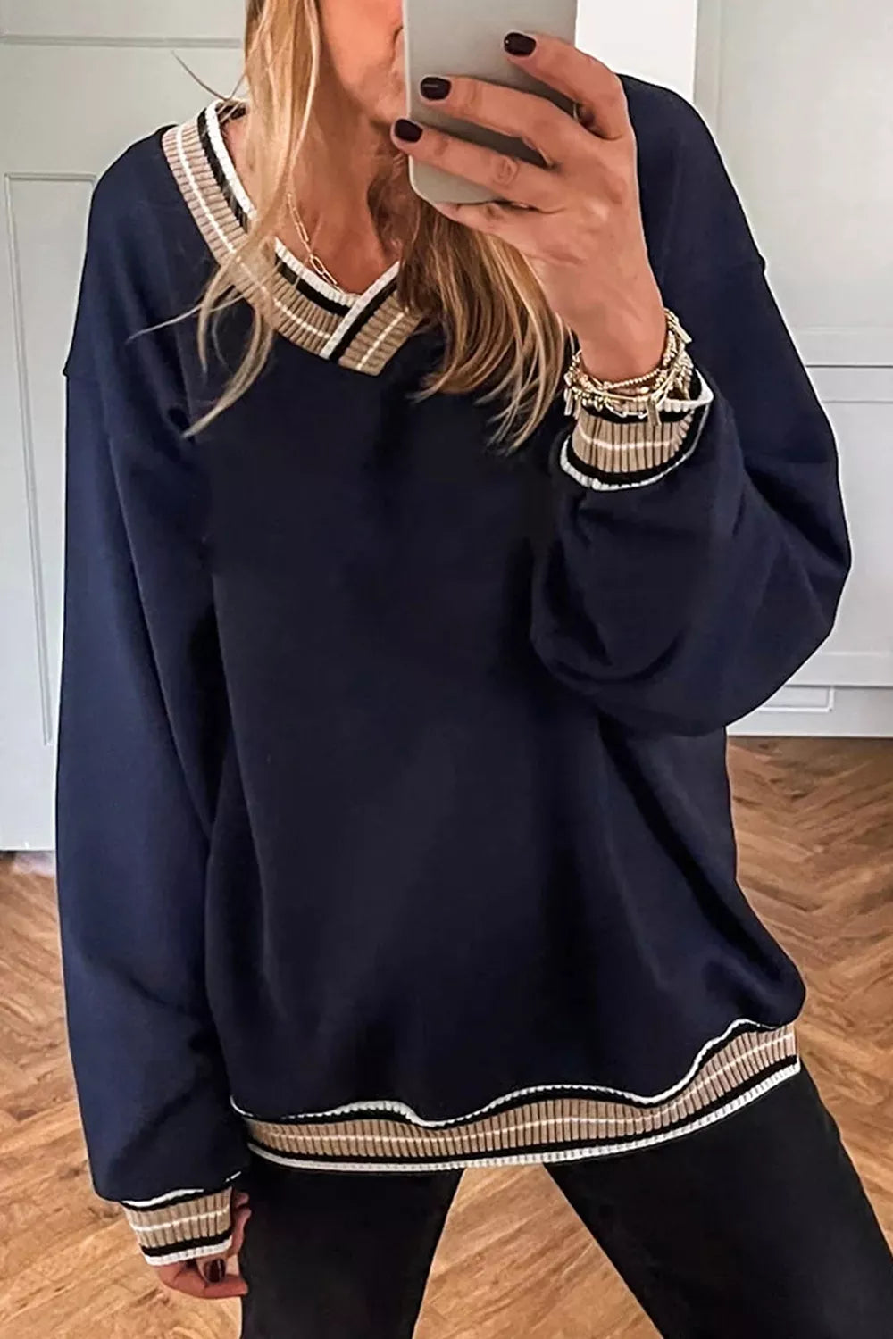 Trendsi Contrast Striped Trim V Neck Sweatshirt -