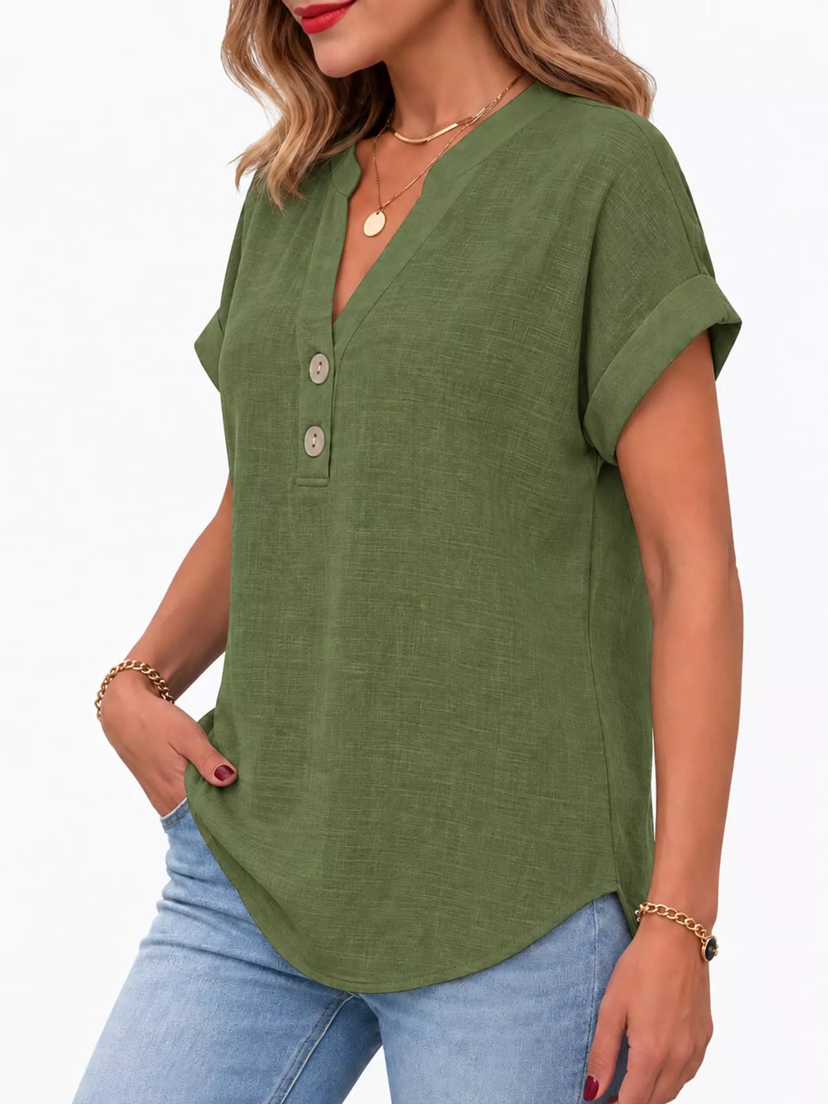 Olive green button detail short sleeve blouse, side view