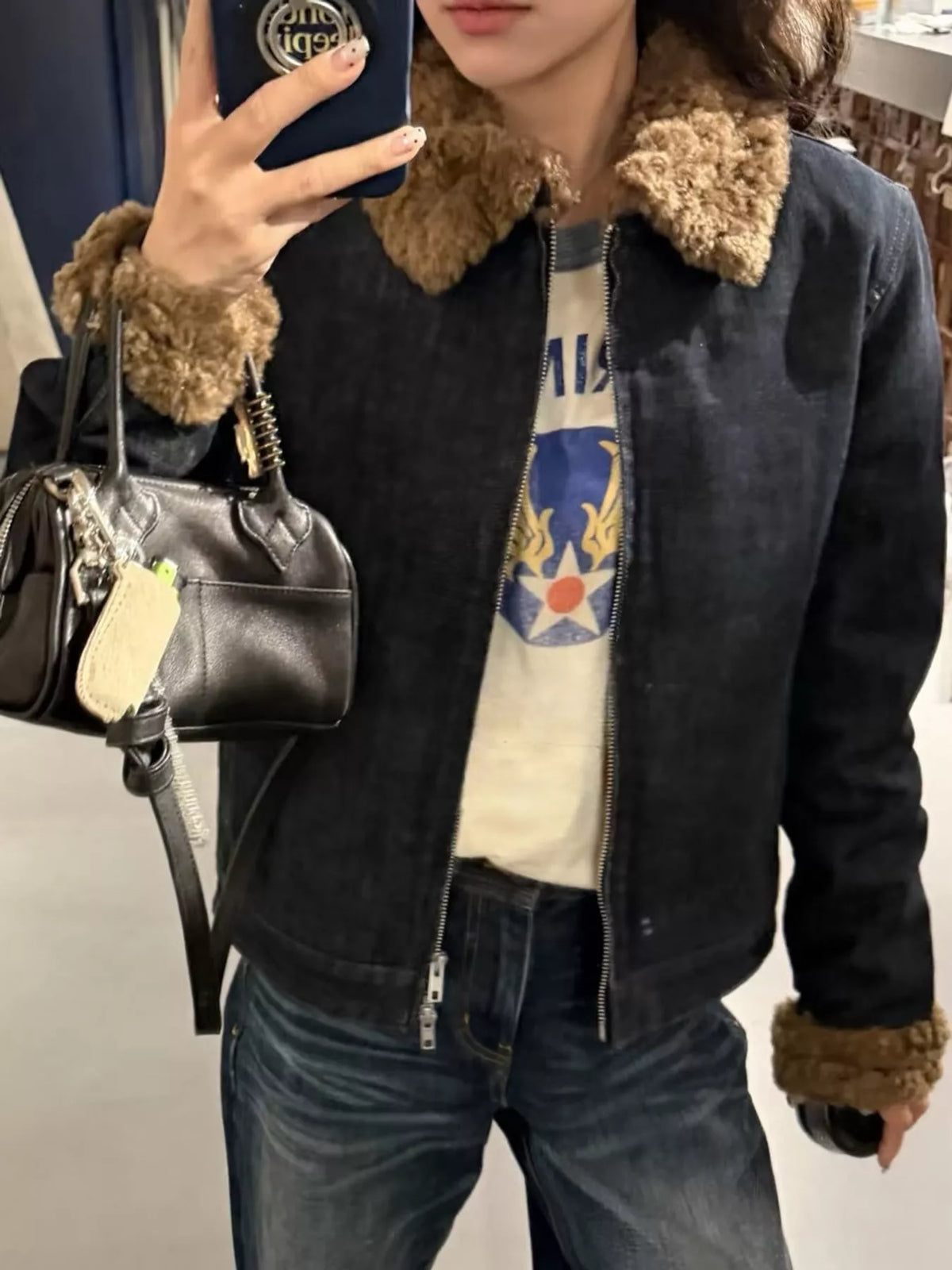 Sherpa Collar Zip-Up Denim Jacket — front view