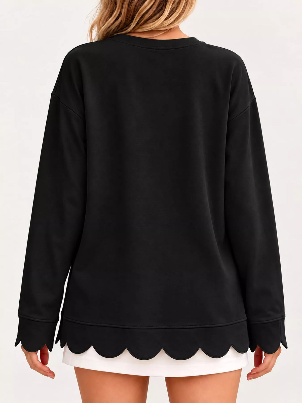 Black scalloped hem crewneck sweatshirt, back view