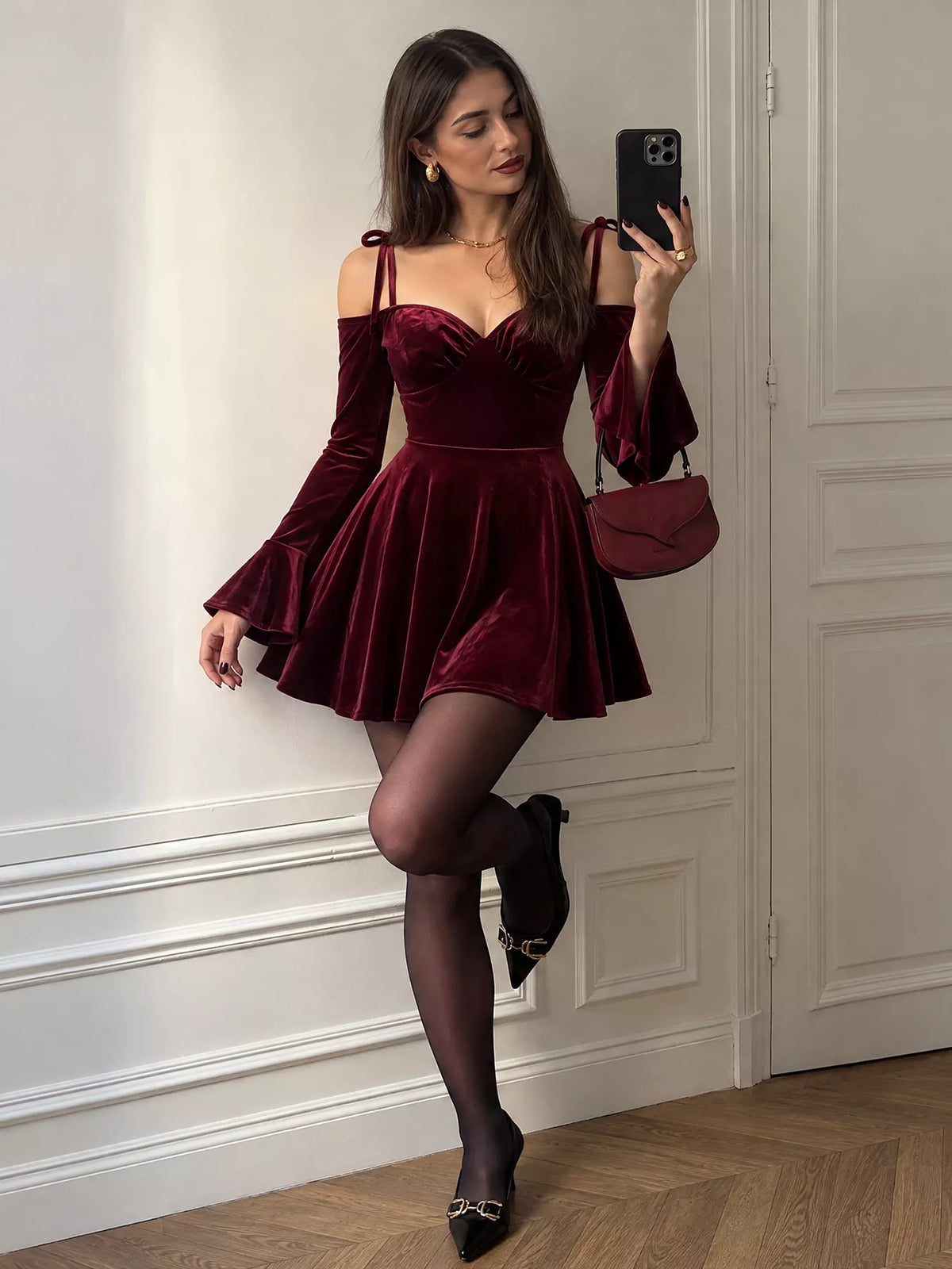 Velvet Tie-Shoulder Bell Sleeve Mini Dress — front view