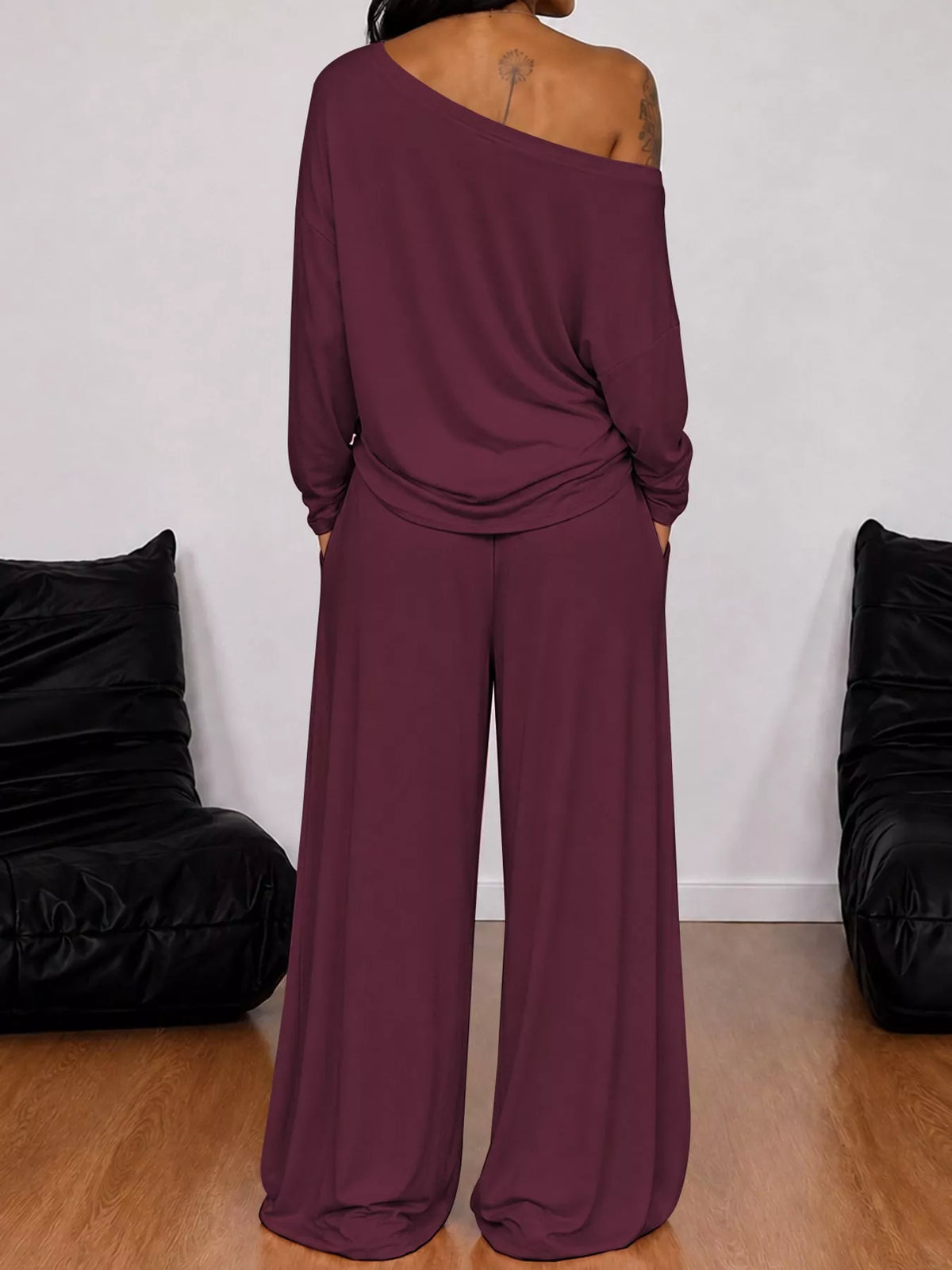 Off-Shoulder Striped Long Sleeve Top and Wide Leg Pants Set, back view in burgundy