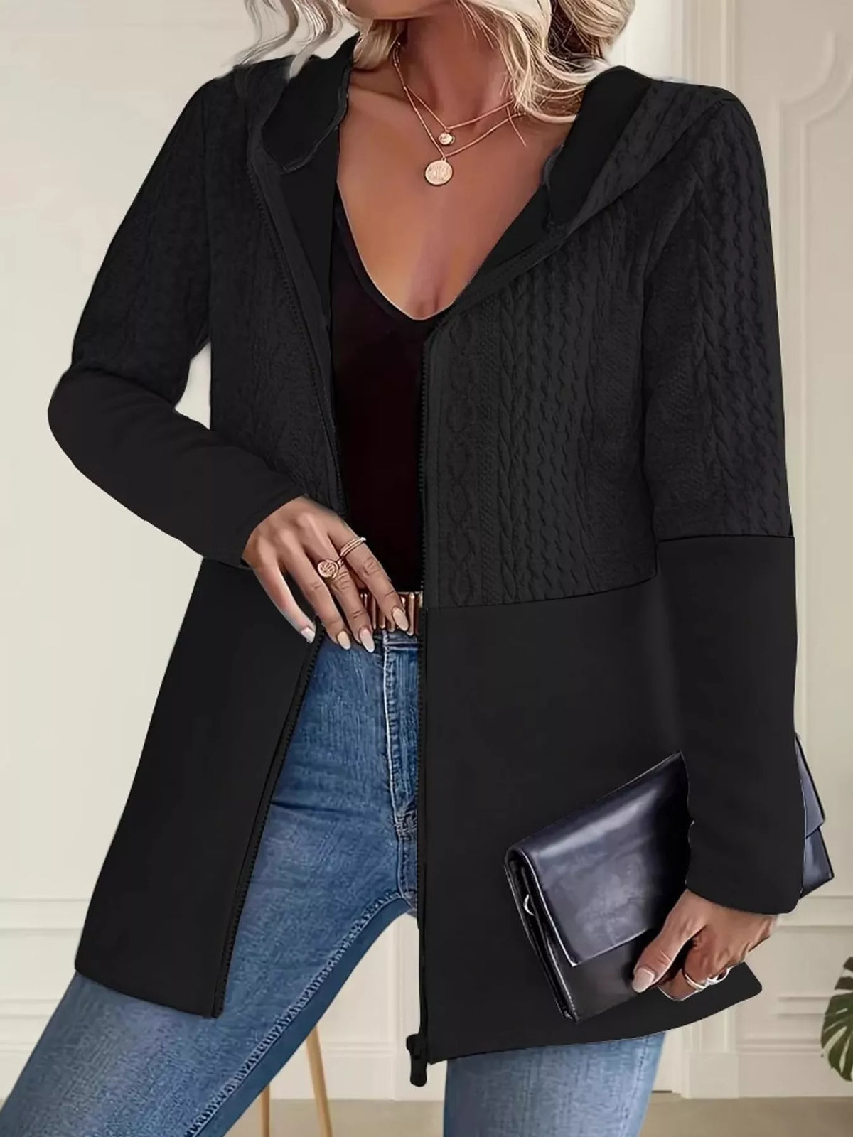 Textured hooded jacket, black front