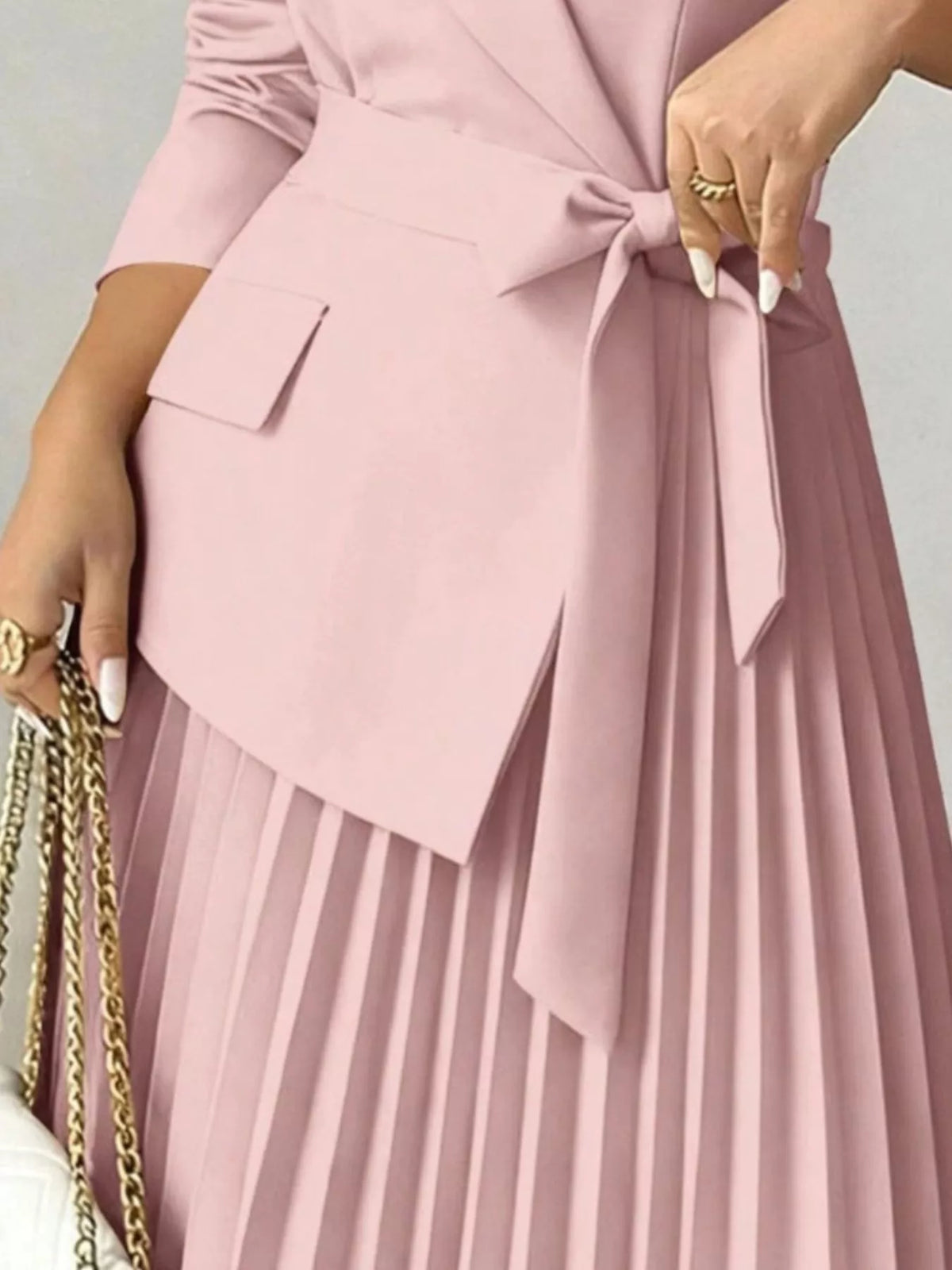 Dusty pink belted blazer-style pleated midi dress, waist tie and pleats detail
