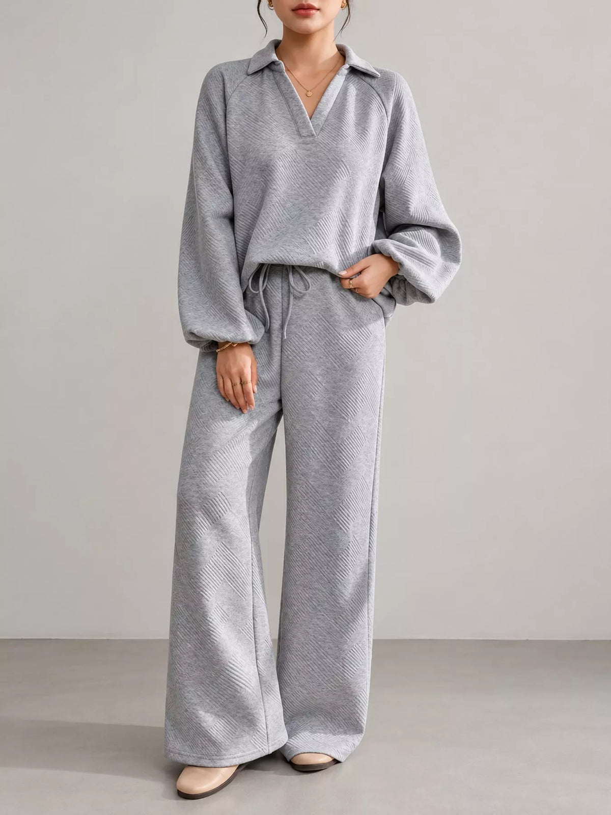 Gray textured polo collar top and wide-leg pants set — front view