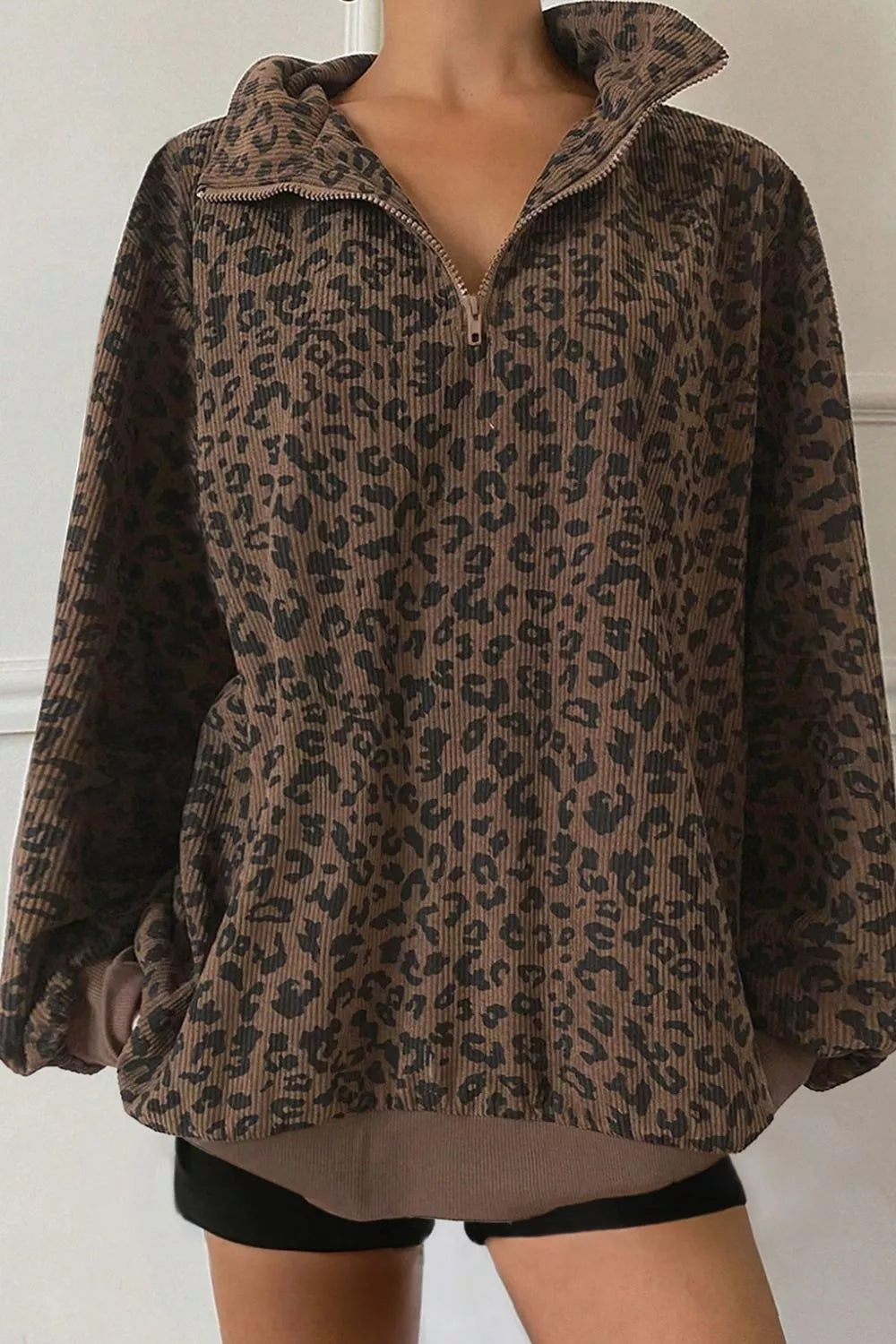 Trendsi Leopard Print Quarter-Zip Sweatshirt -
