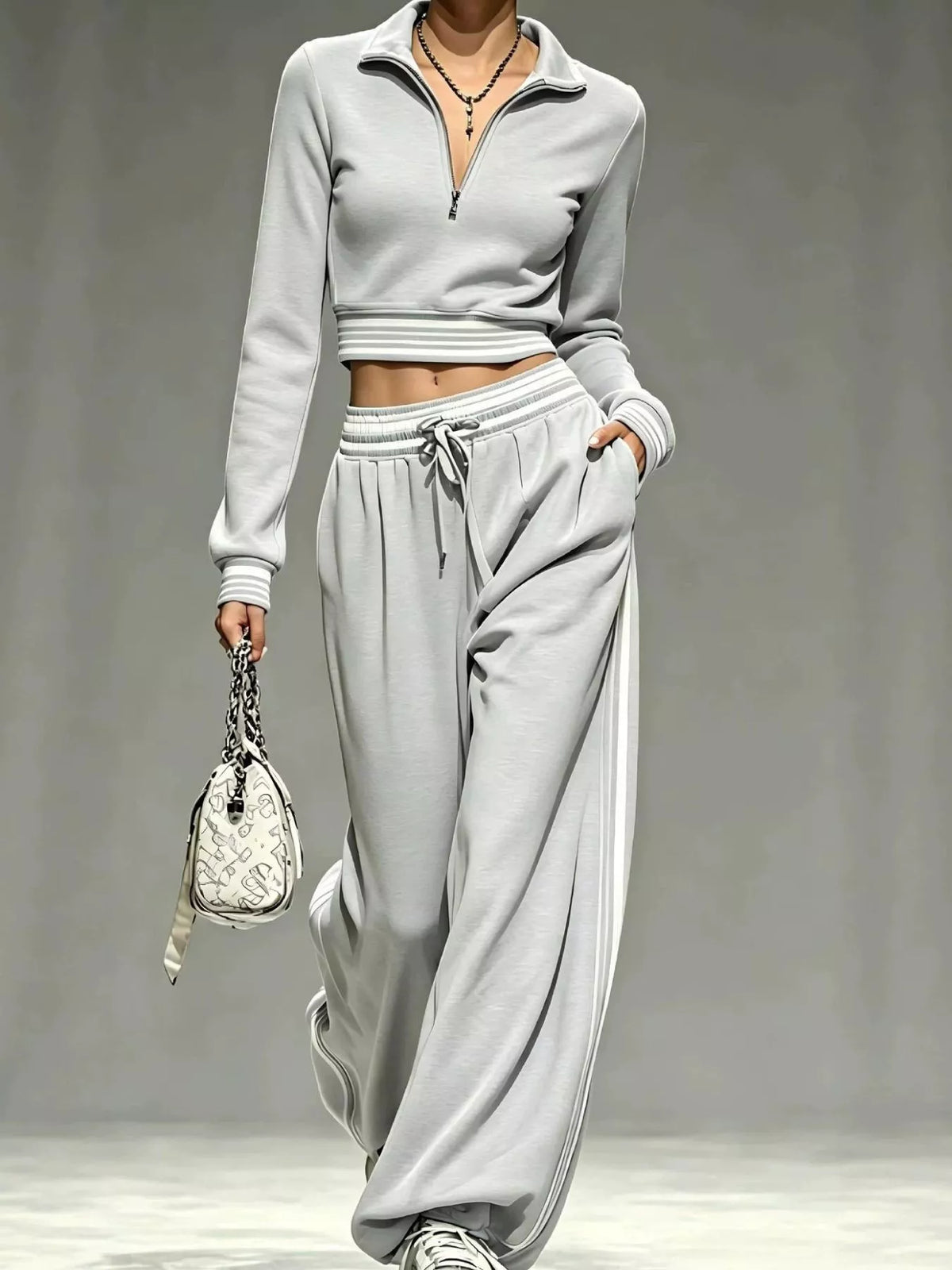 Gray half-zip crop top and pants set, full front view