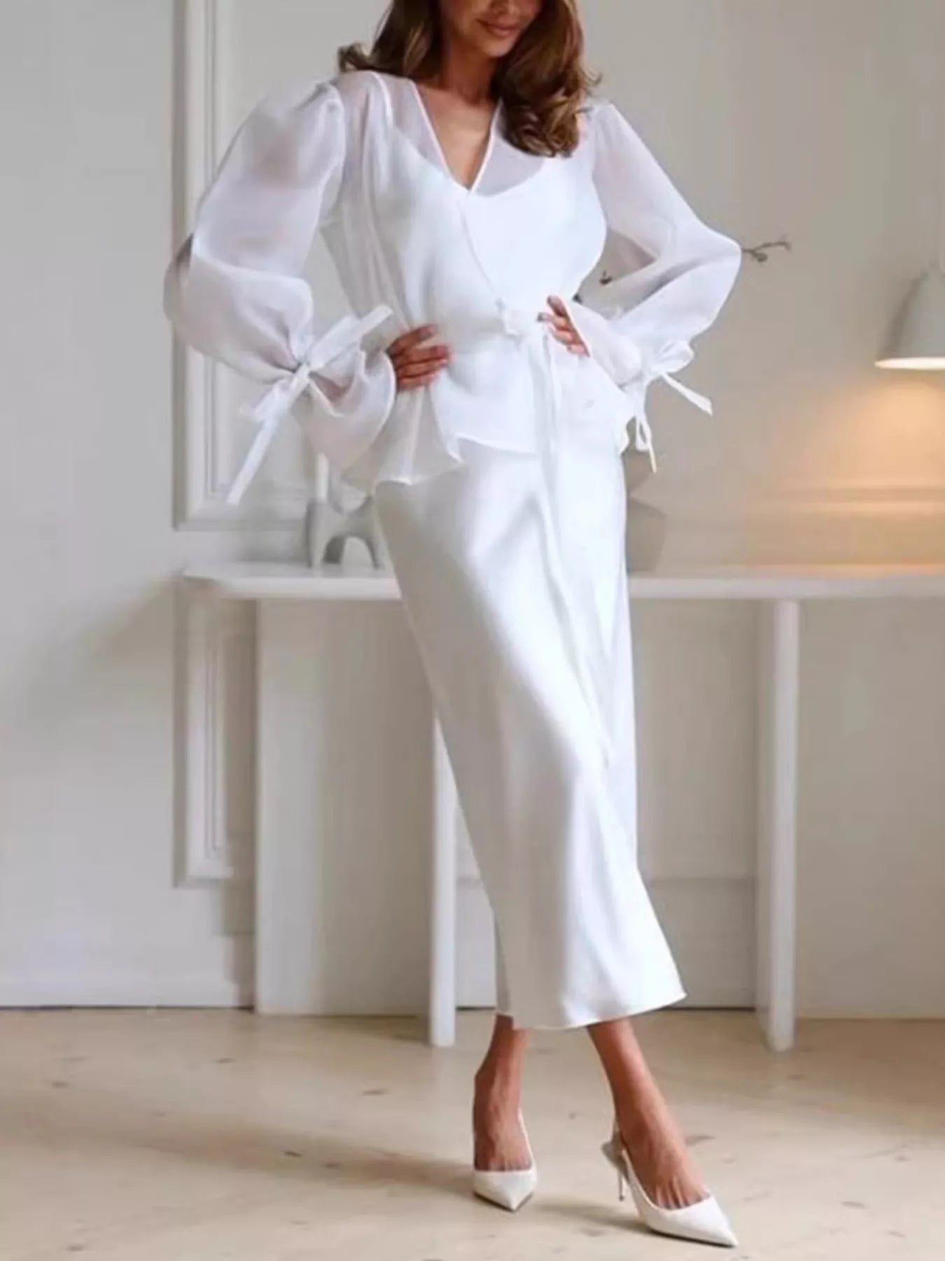 Trendsi Flounce Sleeve Blouse and Satin Midi Skirt Two-Piece Set -