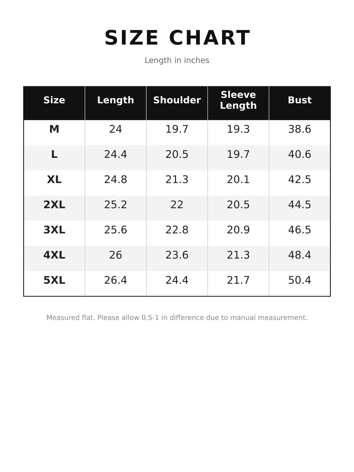 Size chart for fleece zip-up hoodie with pockets