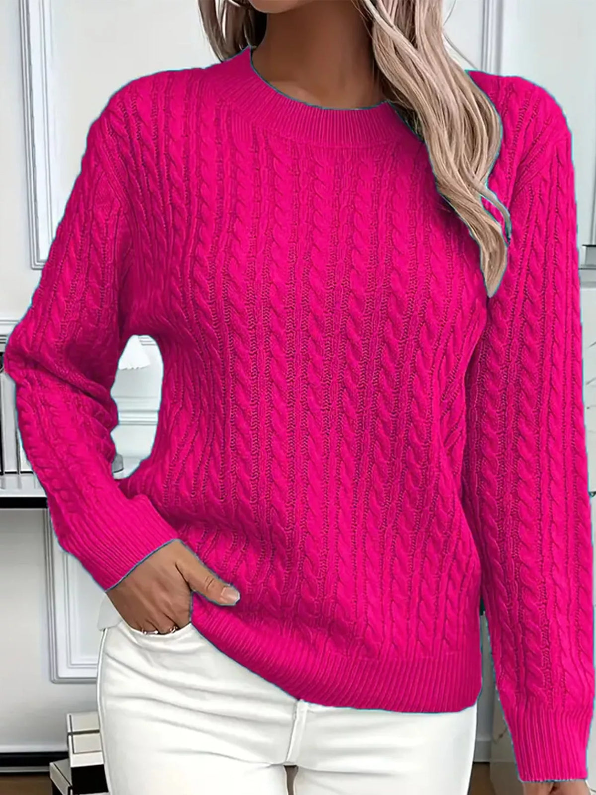 Dark Pink cable knit round neck sweater