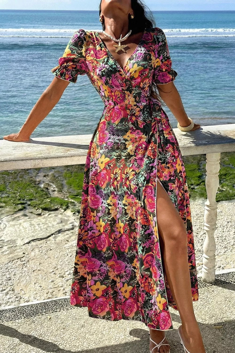 Trendsi Slit Floral Short Sleeve Maxi Dress -