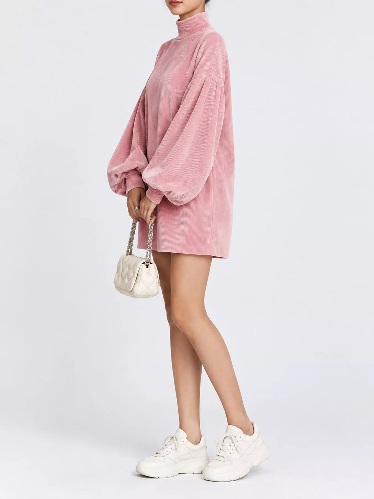 Corduroy Mock Neck Lantern Sleeve Mini Dress in pink, side view