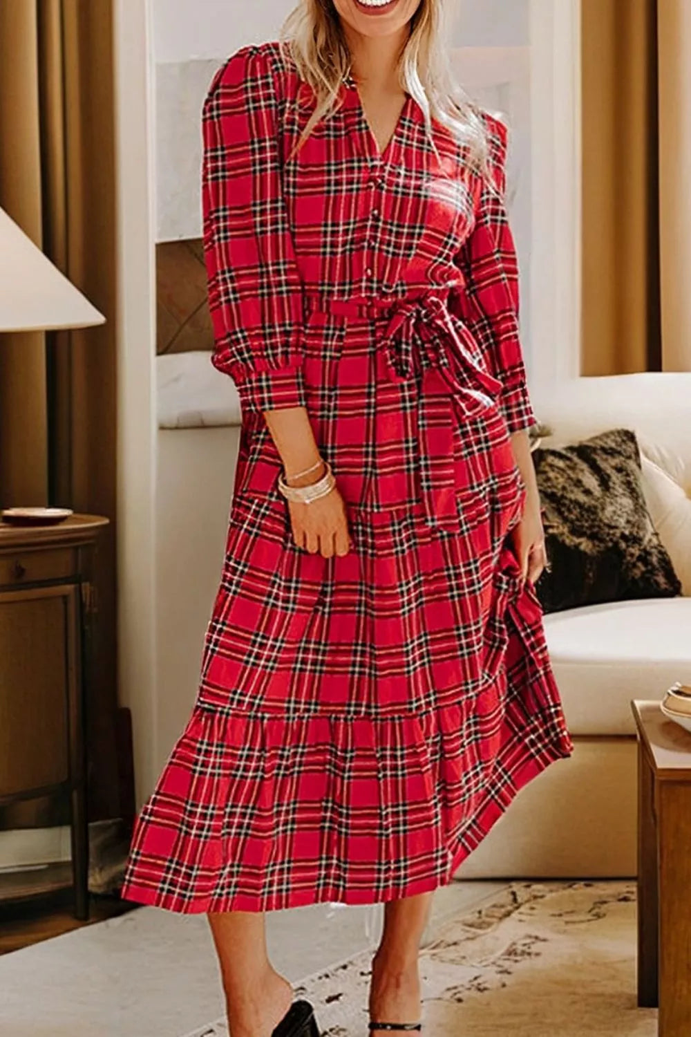 Trendsi Christmas Plaid V Neck 3/4 Sleeve Tie Waist Ruffle Hem Midi Dress -