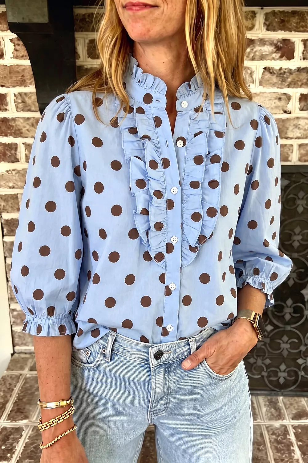 Trendsi Polka Dot Ruffled Stand-Collar Shirt -