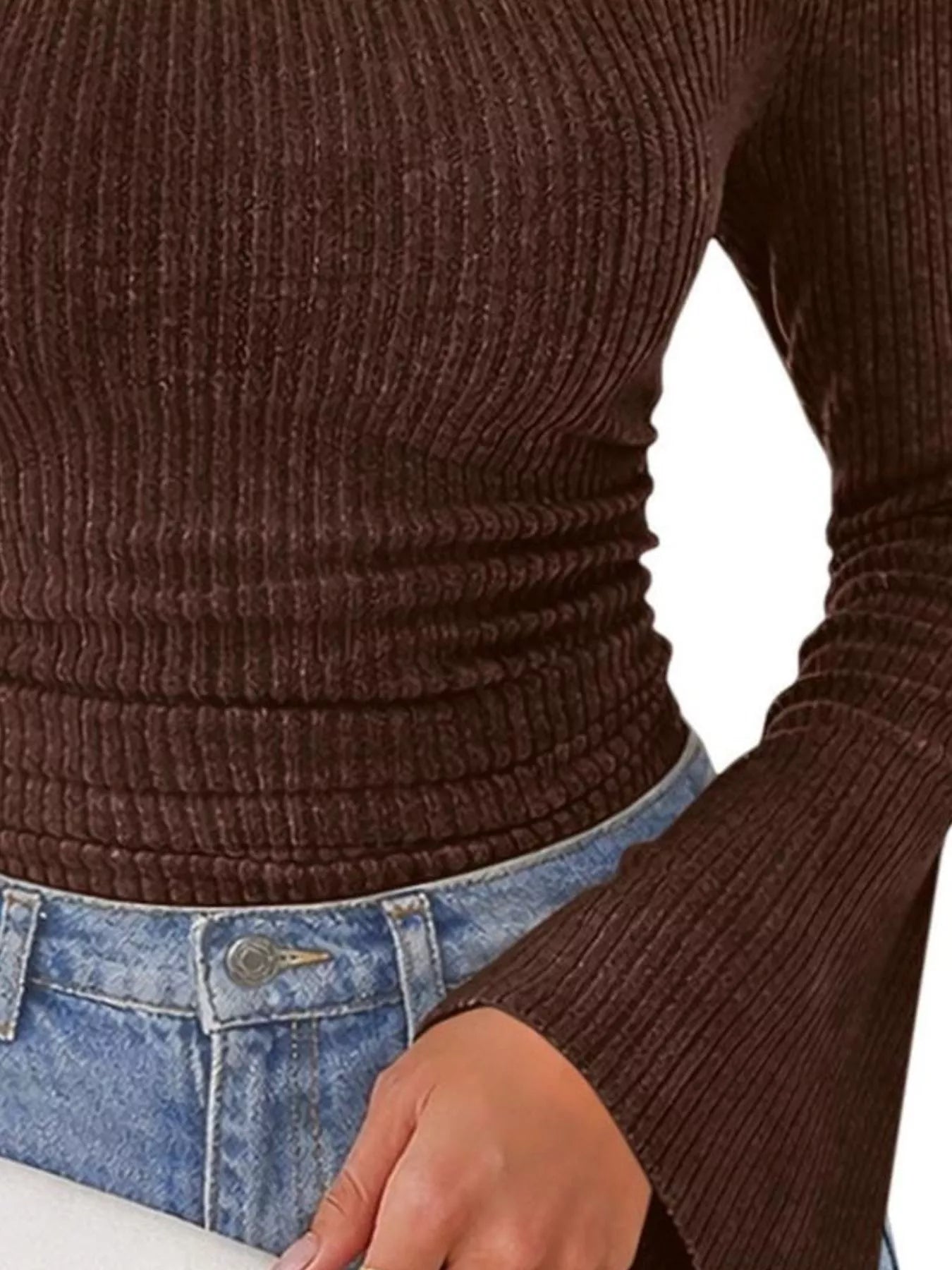 Trendsi Ribbed Knit Cowl Neck Flared Sleeves Top -