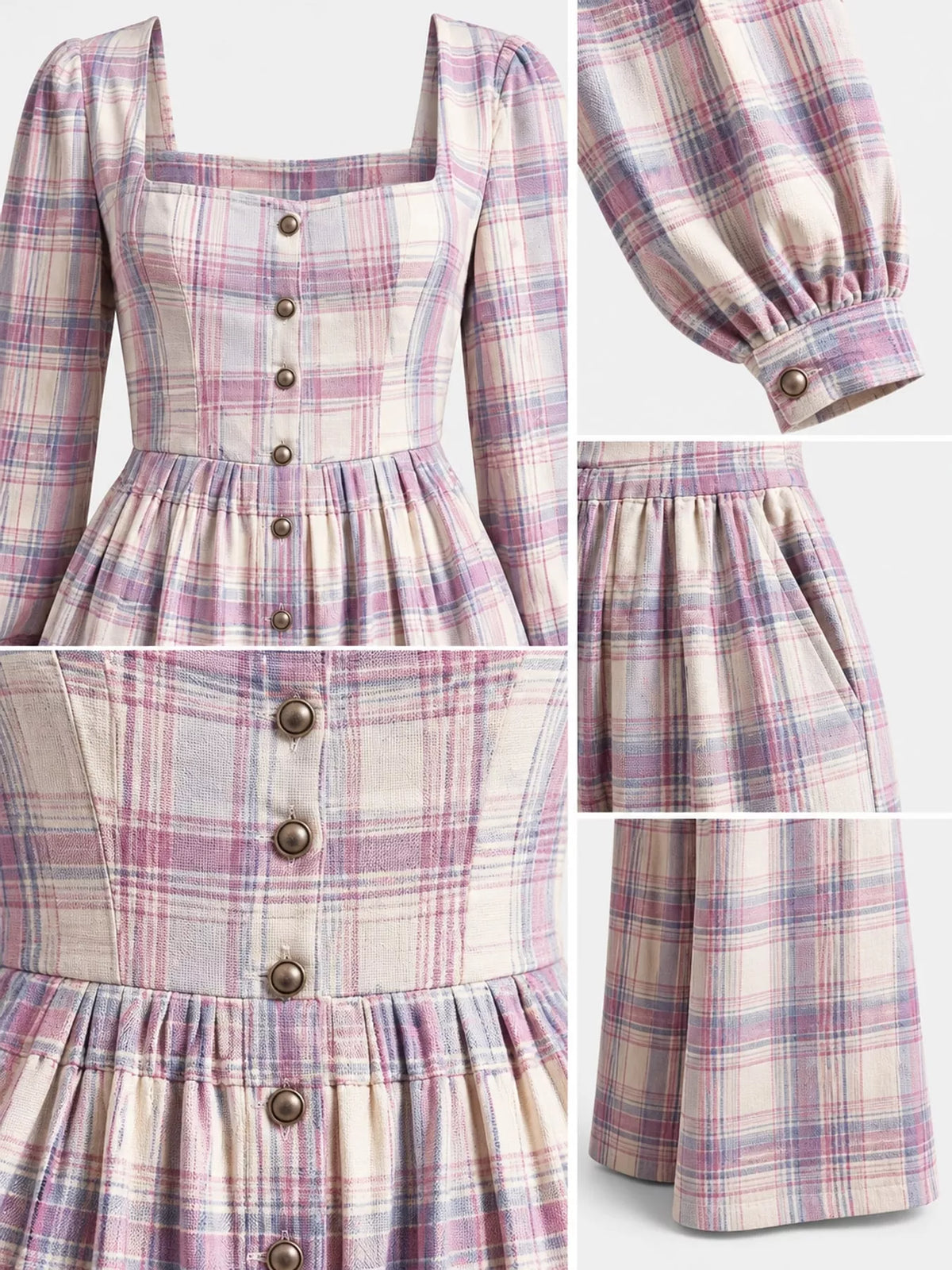 Plaid jumpsuit, purple button cuff detail collage