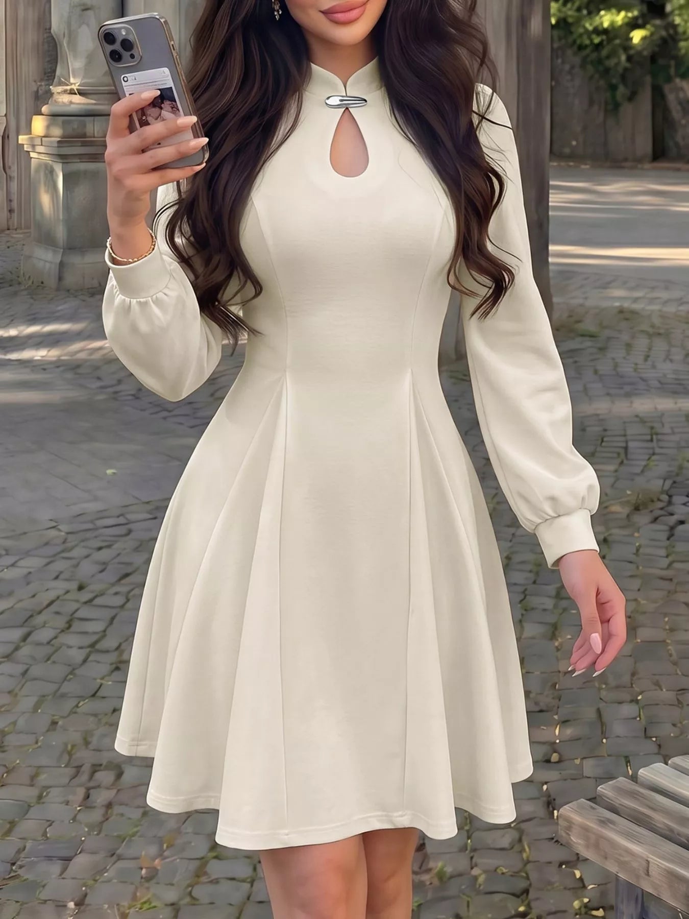 Trendsi Keyhole Neckline Long Sleeve A-Line Mini Dress -