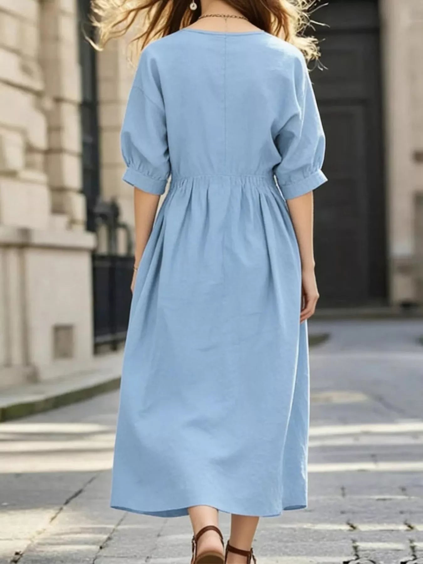 Trendsi Notched Half Sleeve Midi Dress -
