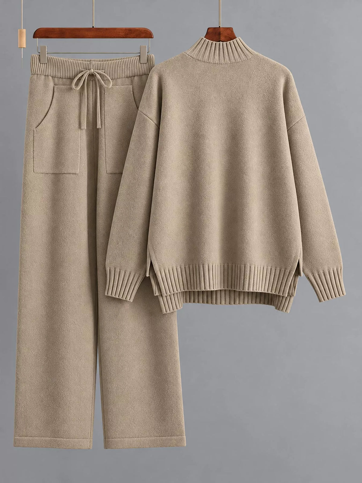 Mock Neck Sweater and Wide-Leg Pants Knit Set — garment front