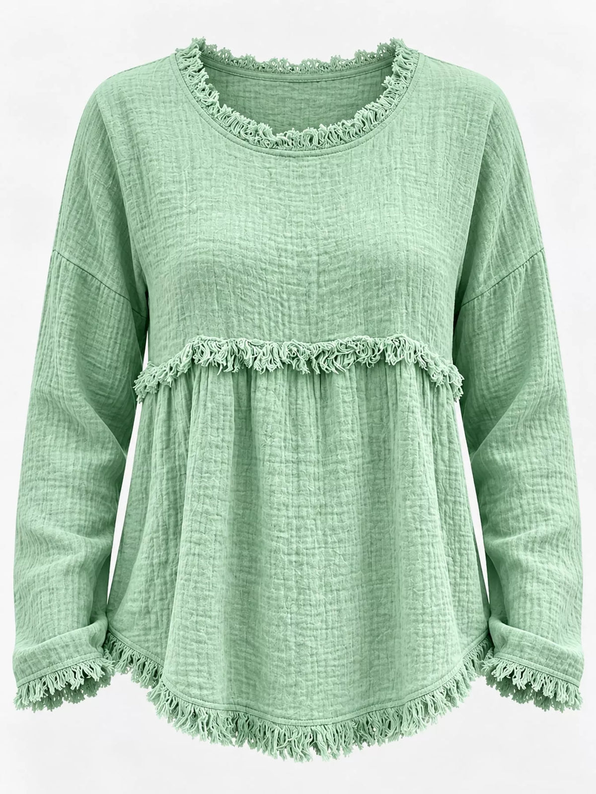 Pale green frayed hem textured blouse, front view