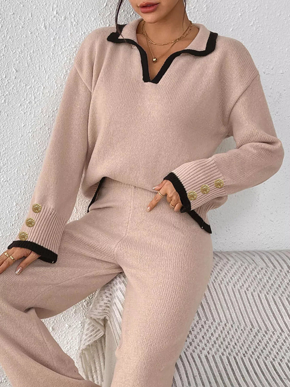 Pink contrast-trim polo collar sweater, seated view