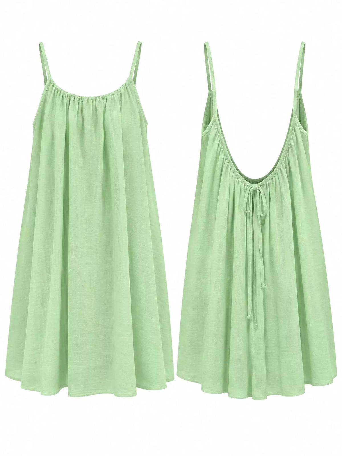 Light green spaghetti strap A-line mini dress with open tie back, front, back and construction details
