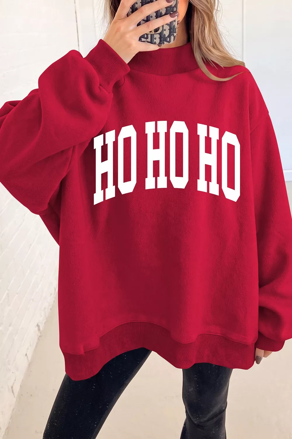 Red holiday high neck tunic sweatshirt, Ho Ho Ho graphic