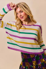 Trendsi SO ME Mardi Gras Color Stripe Lightweight Sweater Top -