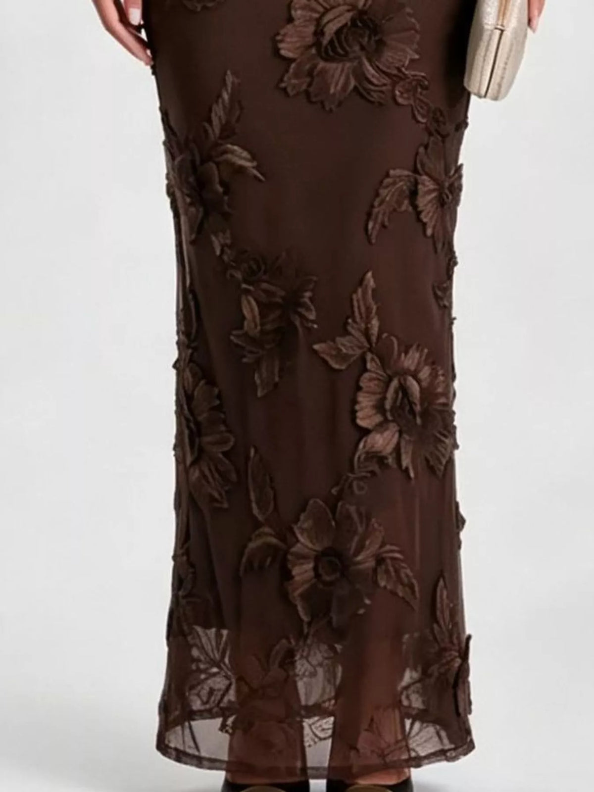 Brown floral one-shoulder maxi dress, sheer hem detail