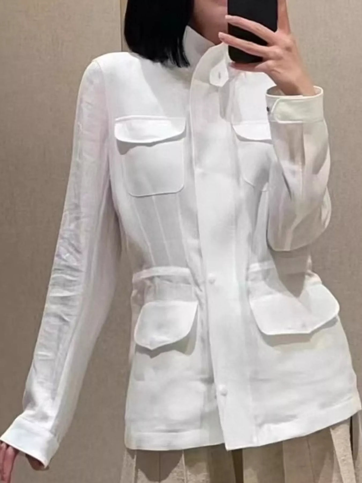 White lightweight multi pockets jacket — front view