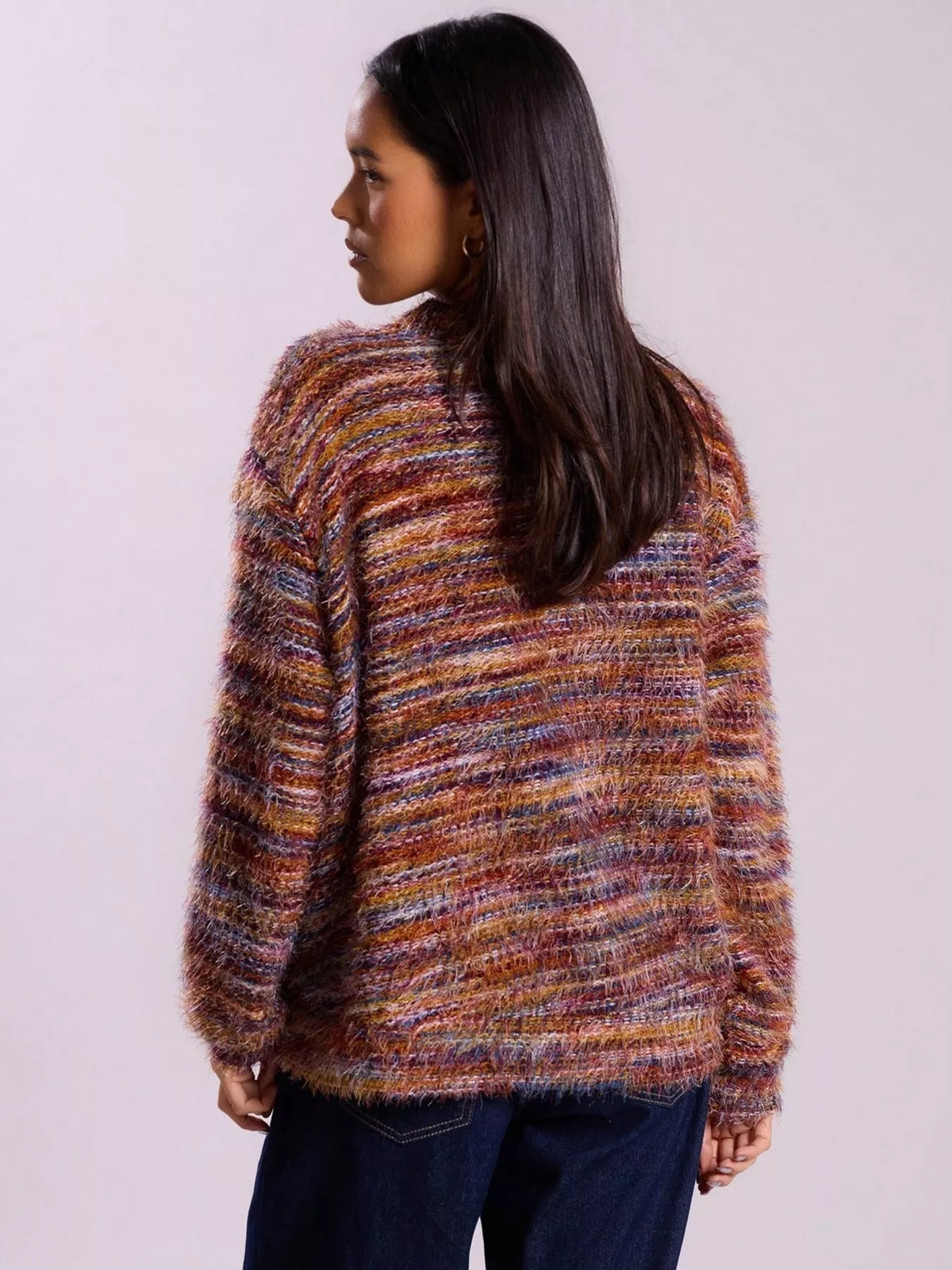 Fuzzy Knit V-Neck Button-Down Cardigan — back view