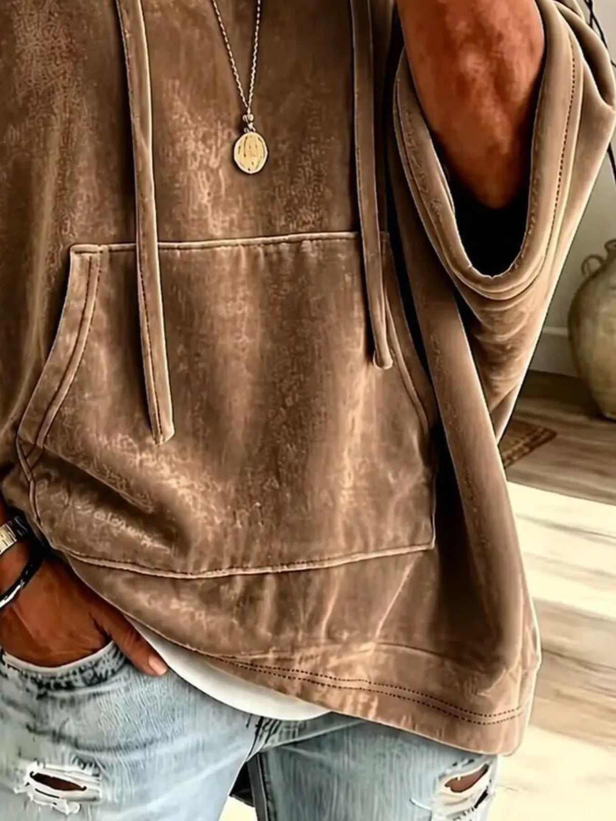 Camel velvet kangaroo pocket drawstring hoodie, detail view