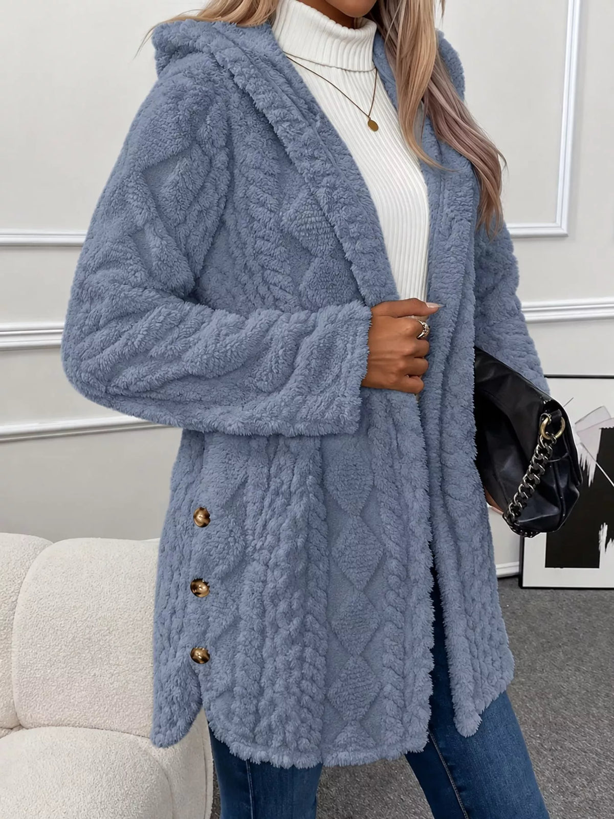 Dusty Blue cable knit faux fur hooded jacket