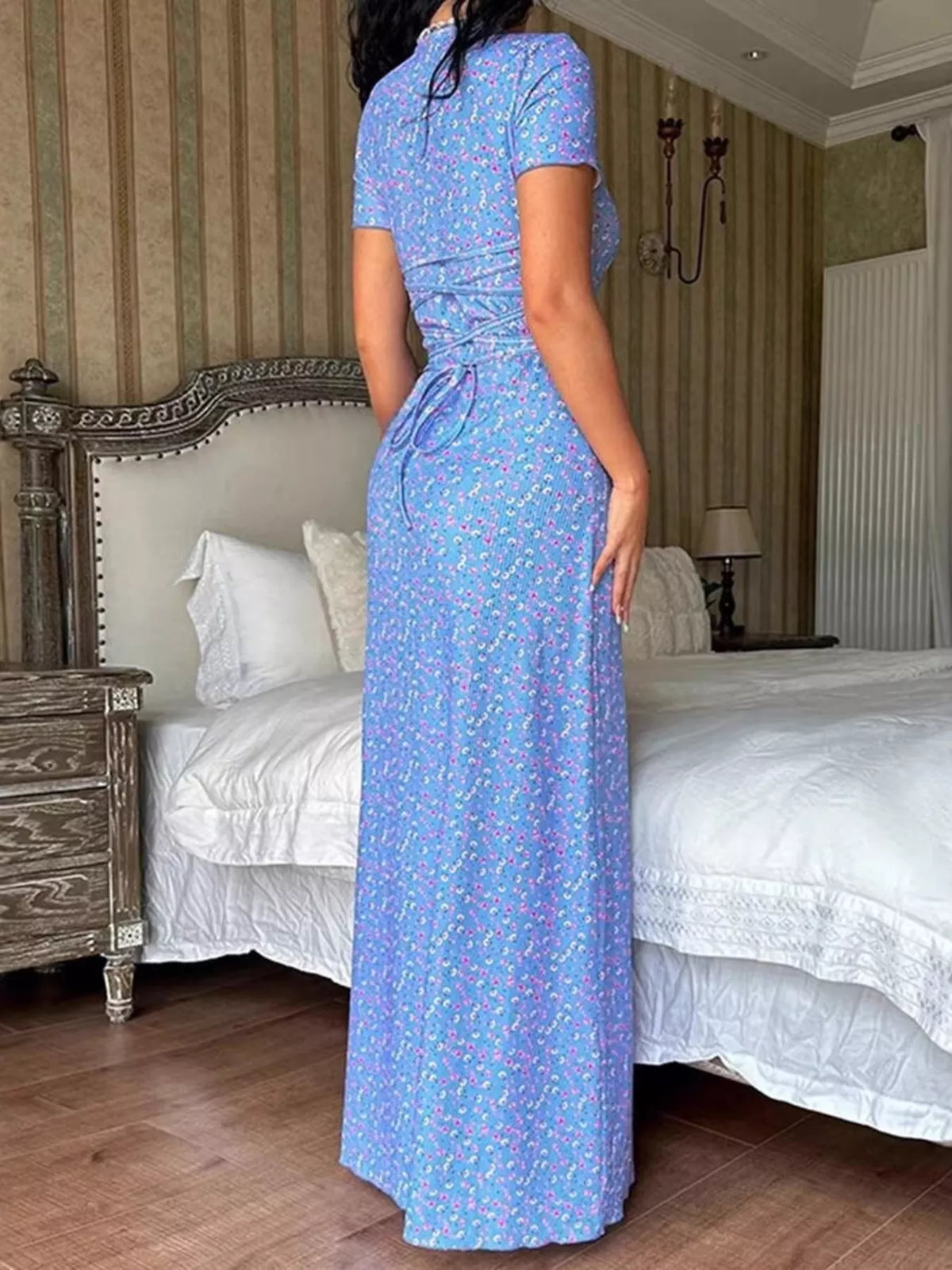 Short-Sleeve Tie-Back Maxi Dress in blue floral, back and waist tie view