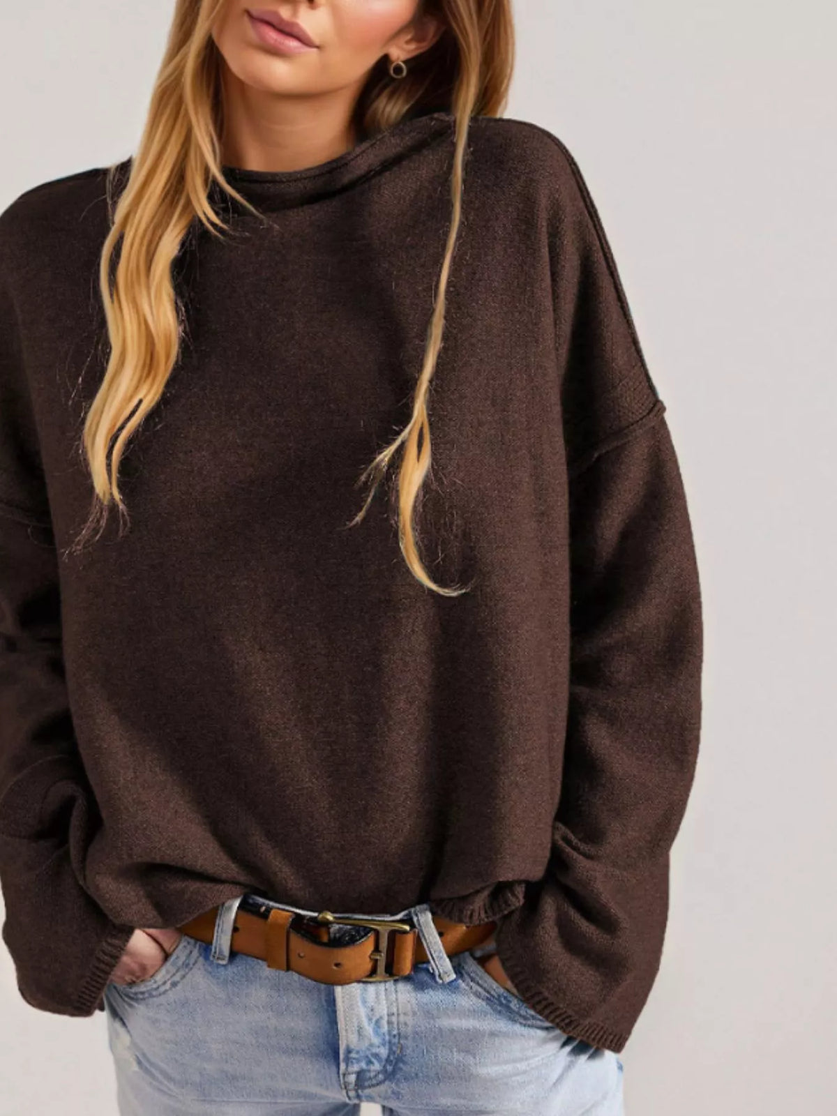 Trendsi Exposed Seam Mock Neck Knit Top -