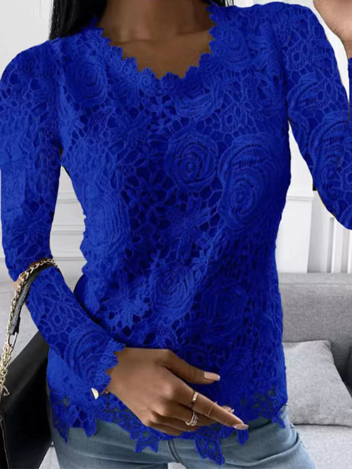 Lace Long Sleeve Blouse in blue