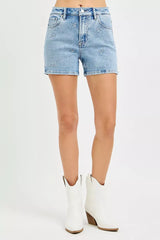 Trendsi RISEN High Rise Denim Shorts with Embroidered Detail -
