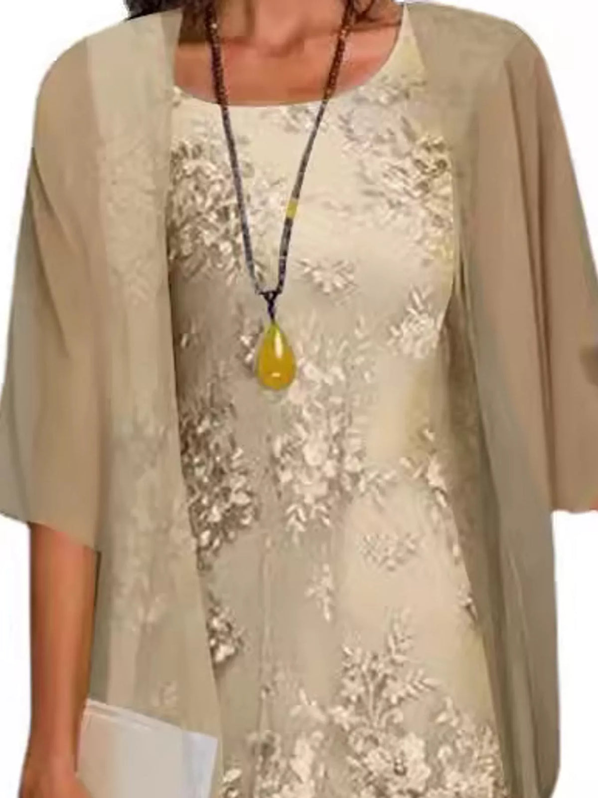 Beige lace overlay dress and chiffon cardigan set, floral overlay neckline and sheer outer layer