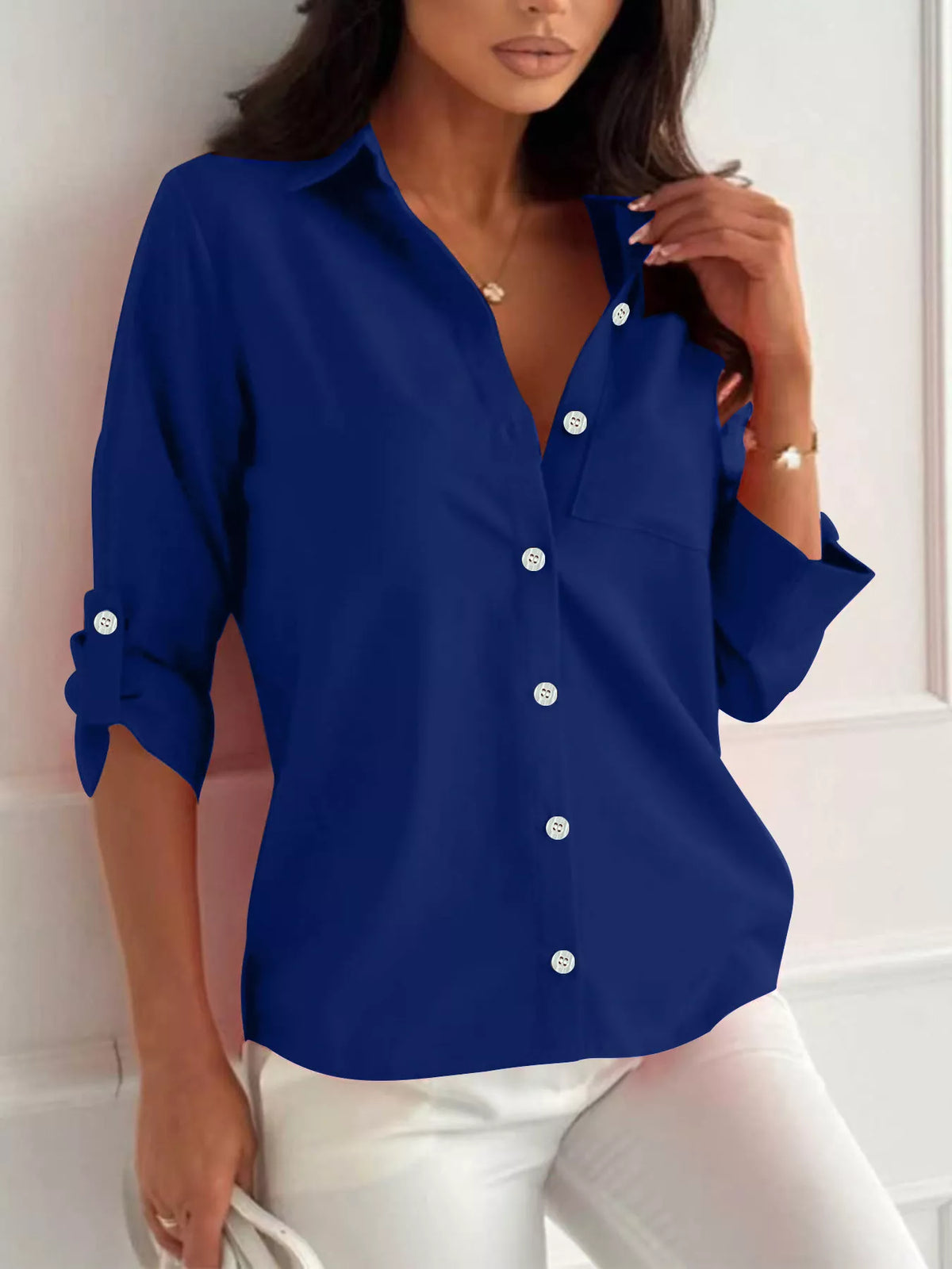 Trendsi Button-Down Roll-Up Sleeve Shirt -