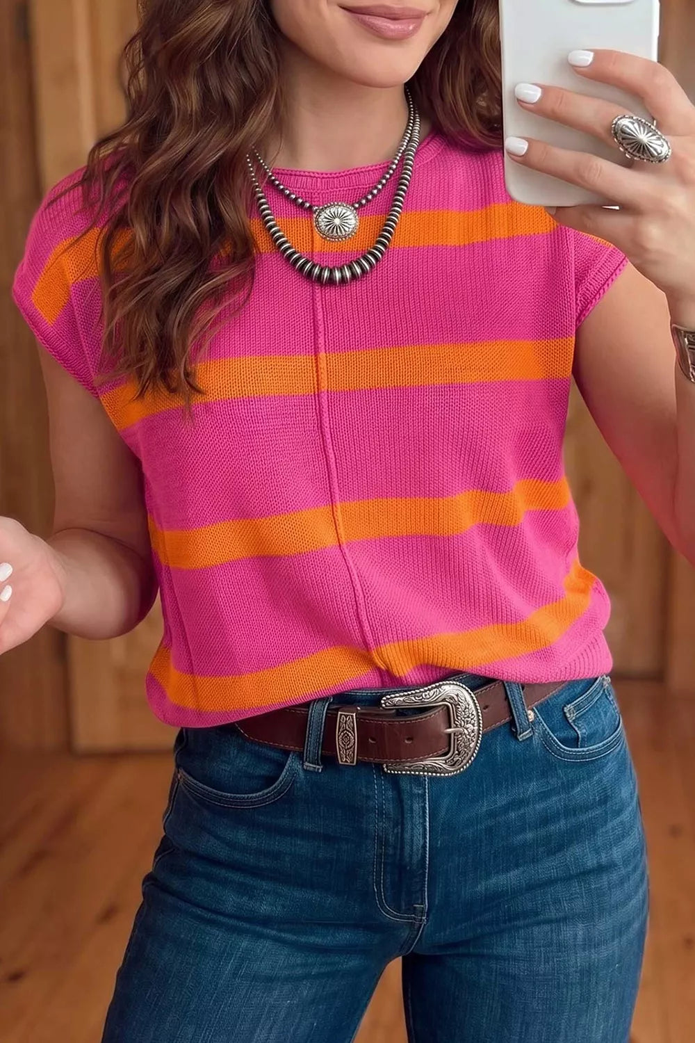 Trendsi Stripe Knit Western Short Sleeve Sweater -