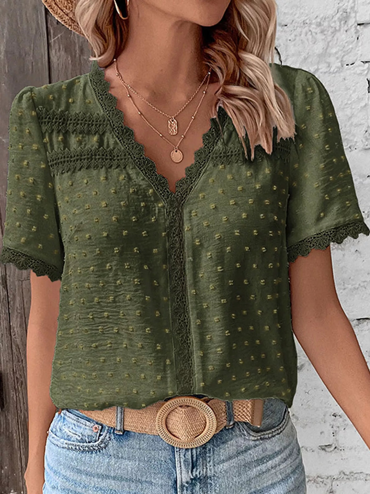 Army Green swiss dot v-neck blouse with lace trim
